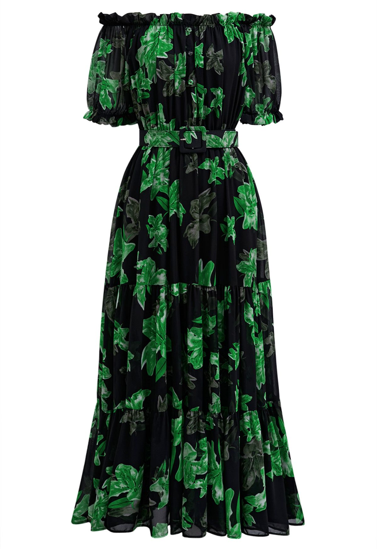 Vestido midi de gasa con hombros descubiertos y estampado Lily en verde