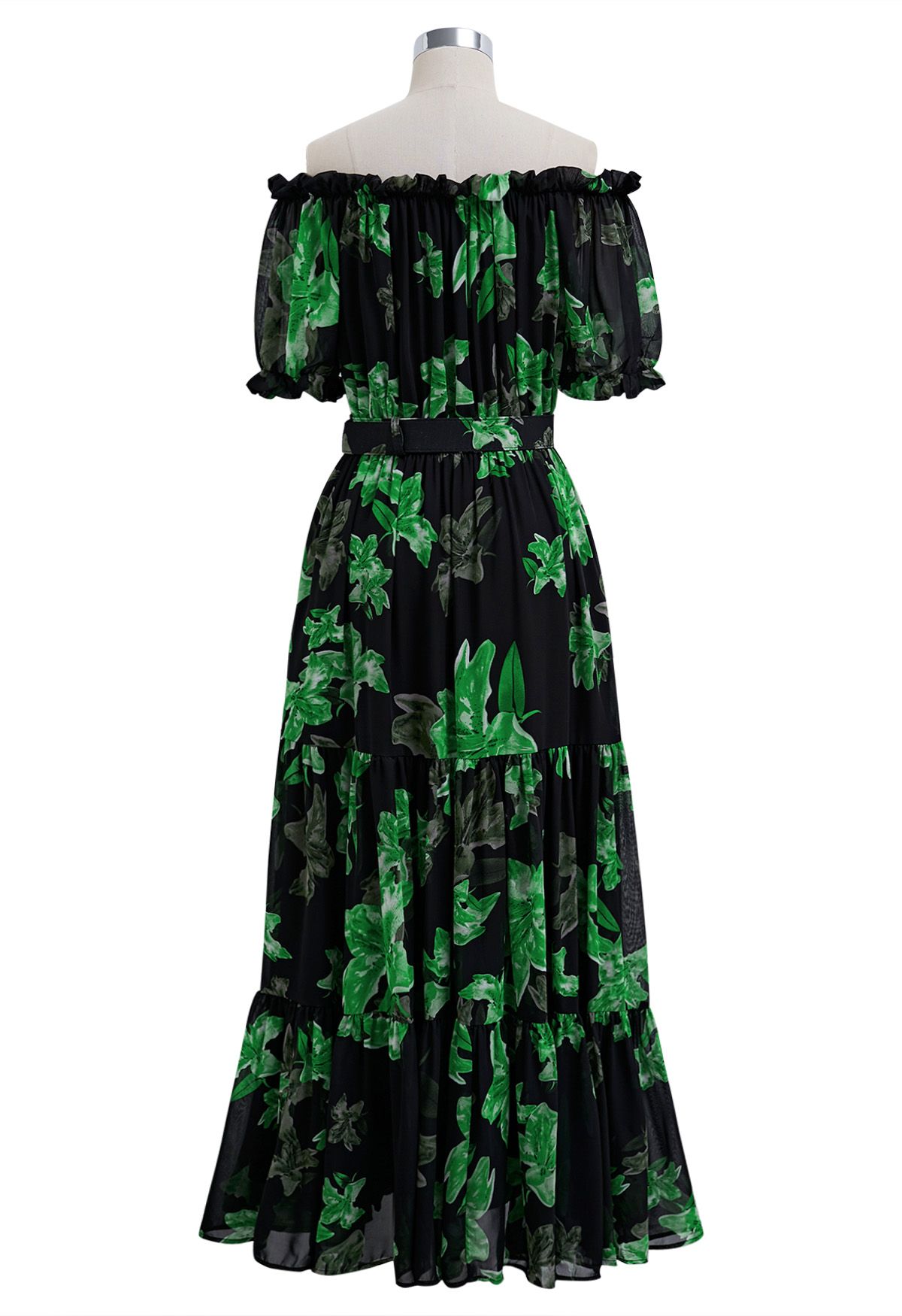 Vestido midi de gasa con hombros descubiertos y estampado Lily en verde