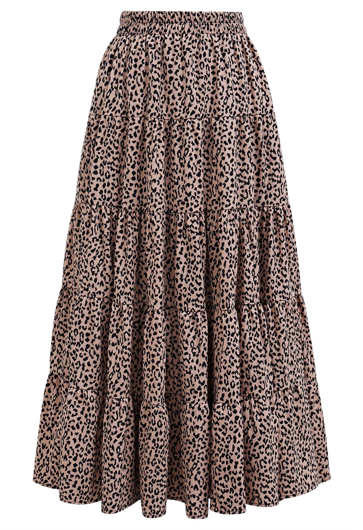 Falda midi con volantes y paneles con estampado de leopardo