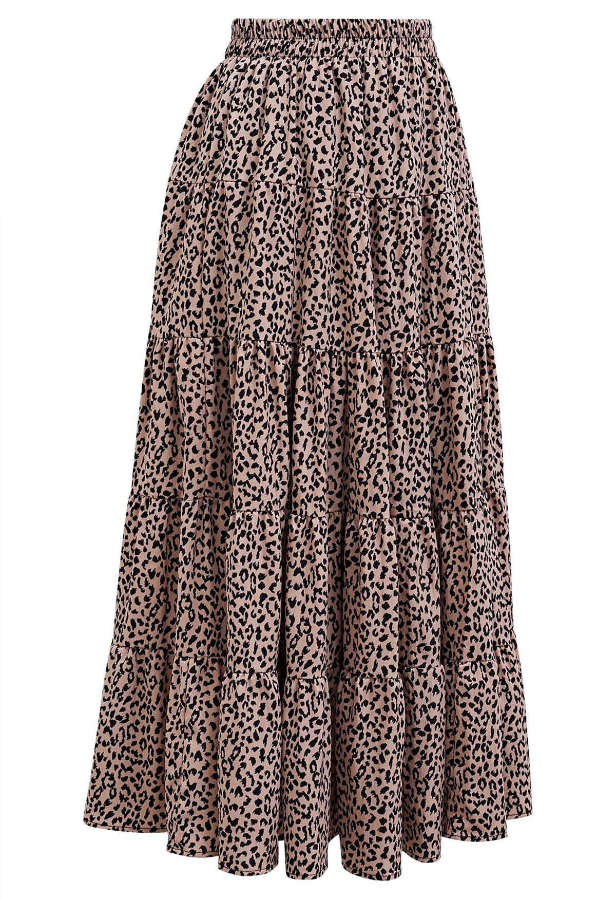 Falda midi con volantes y paneles con estampado de leopardo