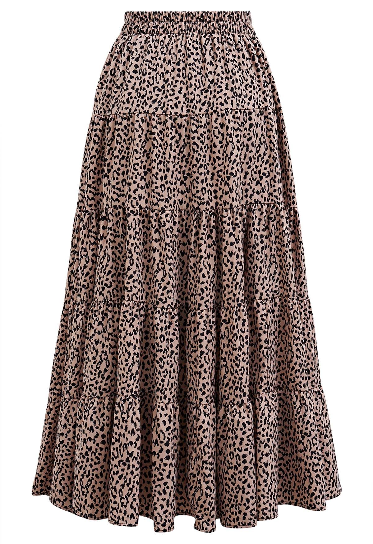 Falda midi con volantes y paneles con estampado de leopardo