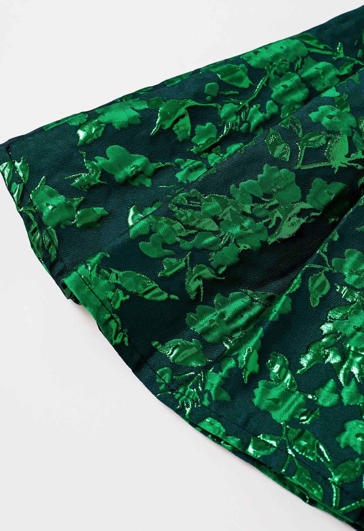 Minifalda plisada de jacquard floral verde