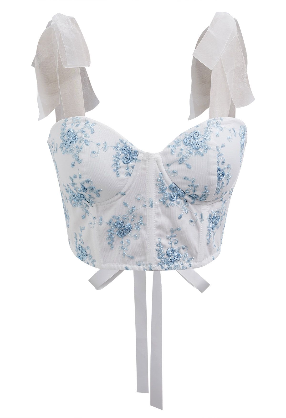 Top tipo bustier con tirantes y bordado floral azul en blanco