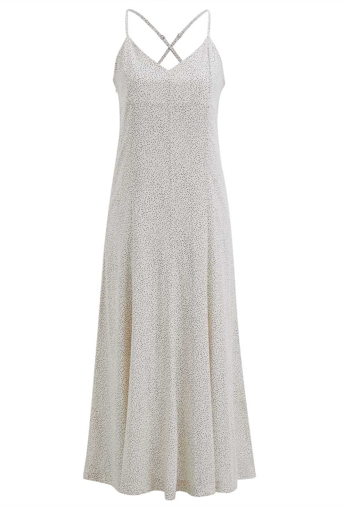 Vestido midi de tirantes cruzados con lunares completos en color crema