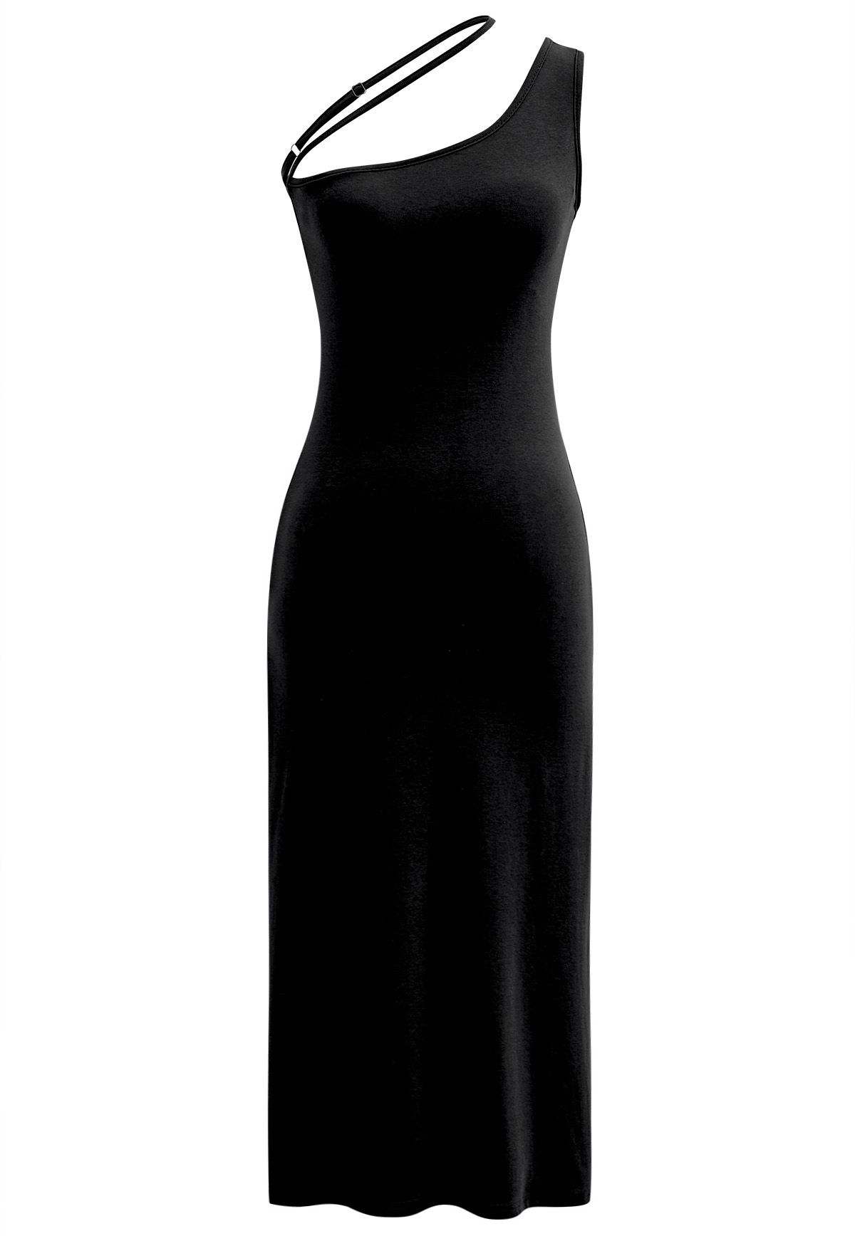 Vestido midi ajustado con un hombro oblicuo en negro