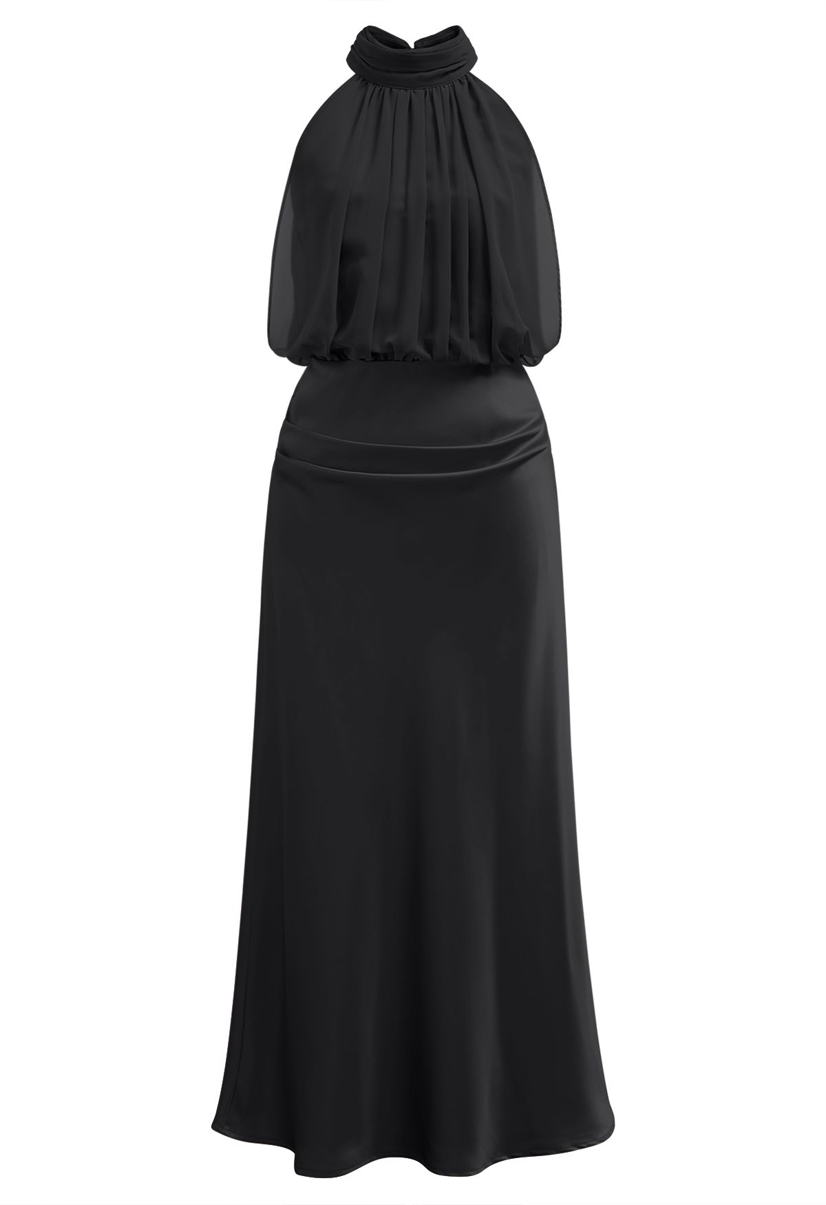 Elegante vestido de satén con empalme de gasa con cuello halter en negro