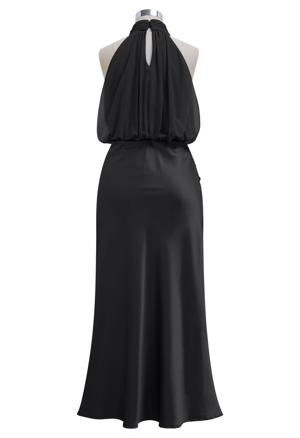 Elegante vestido de satén con empalme de gasa con cuello halter en negro