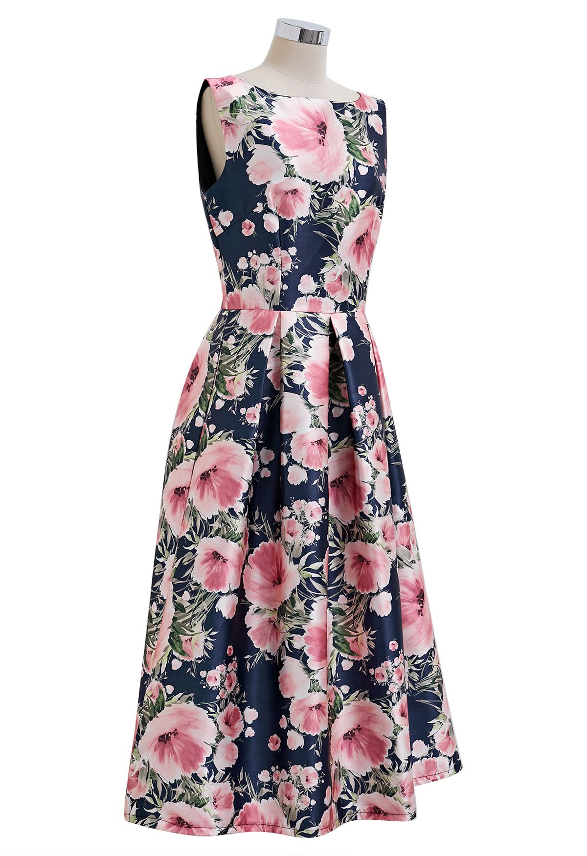 Vestido midi sin mangas Graceful Blossom en azul marino