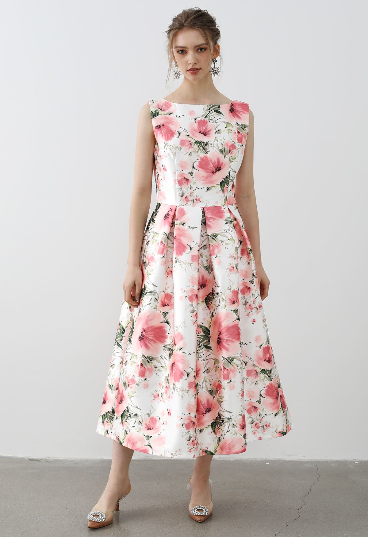 Vestido midi sin mangas Graceful Blossom en blanco