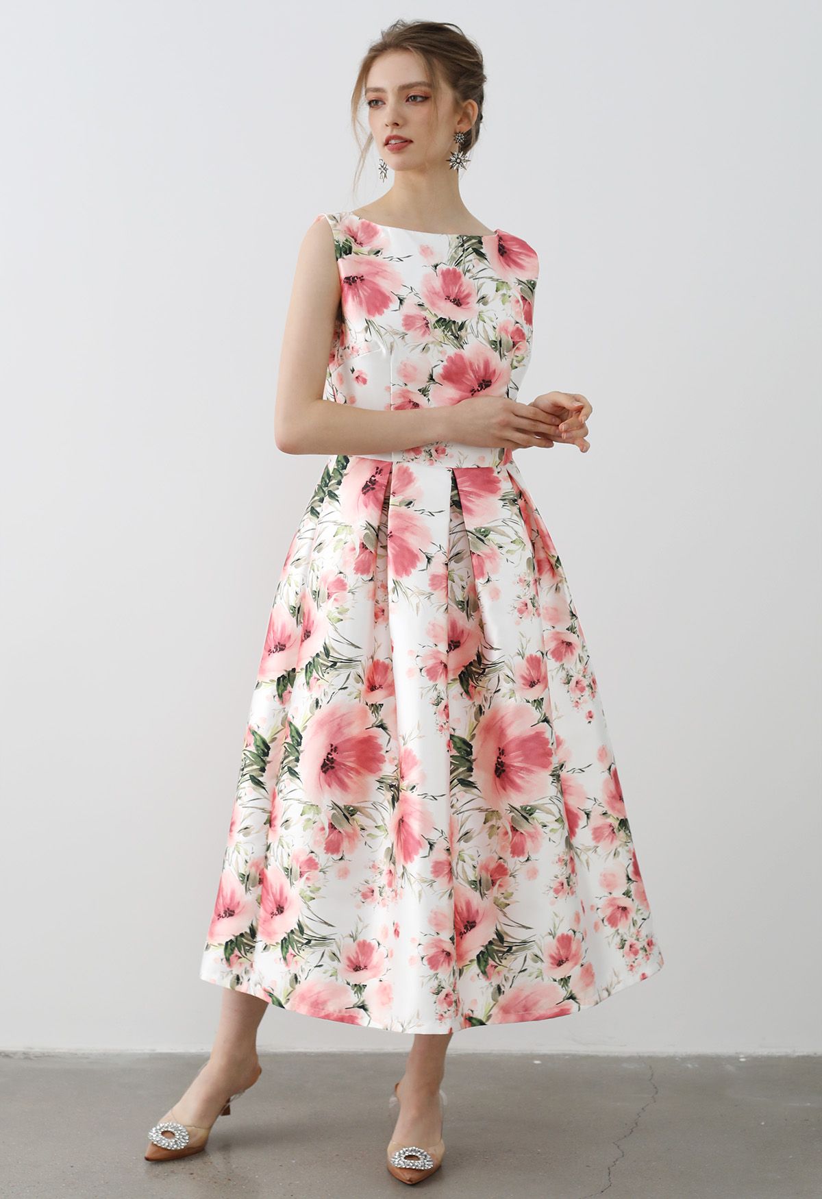 Vestido midi sin mangas Graceful Blossom en blanco