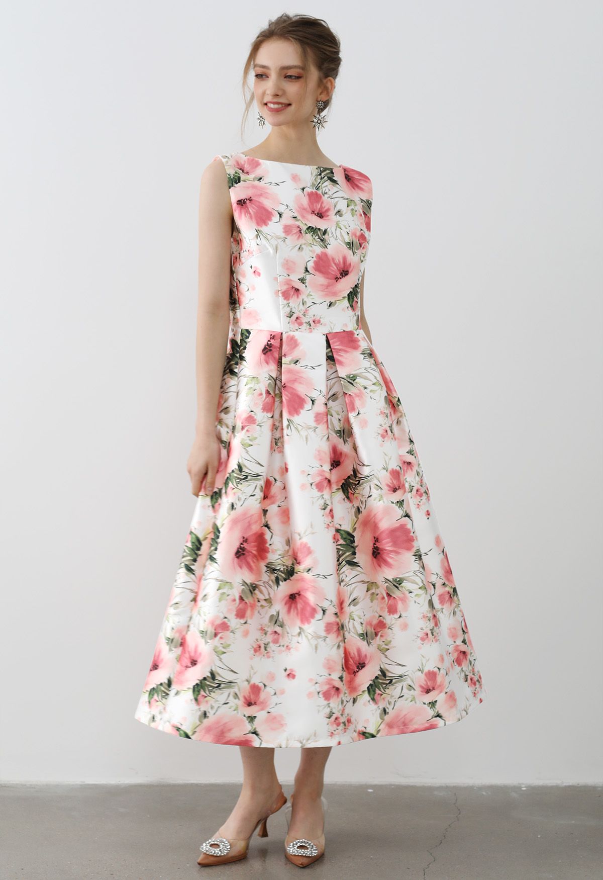 Vestido midi sin mangas Graceful Blossom en blanco