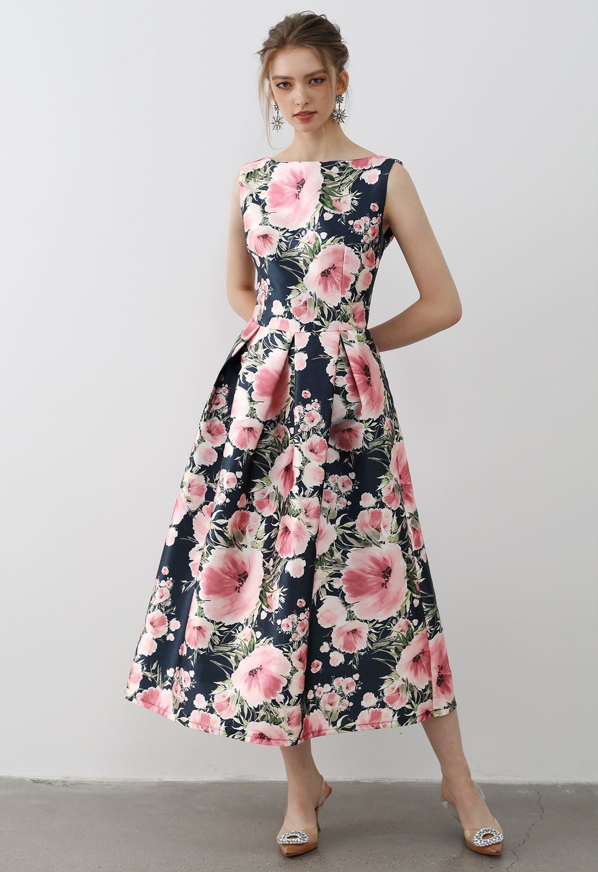 Vestido midi sin mangas Graceful Blossom en azul marino