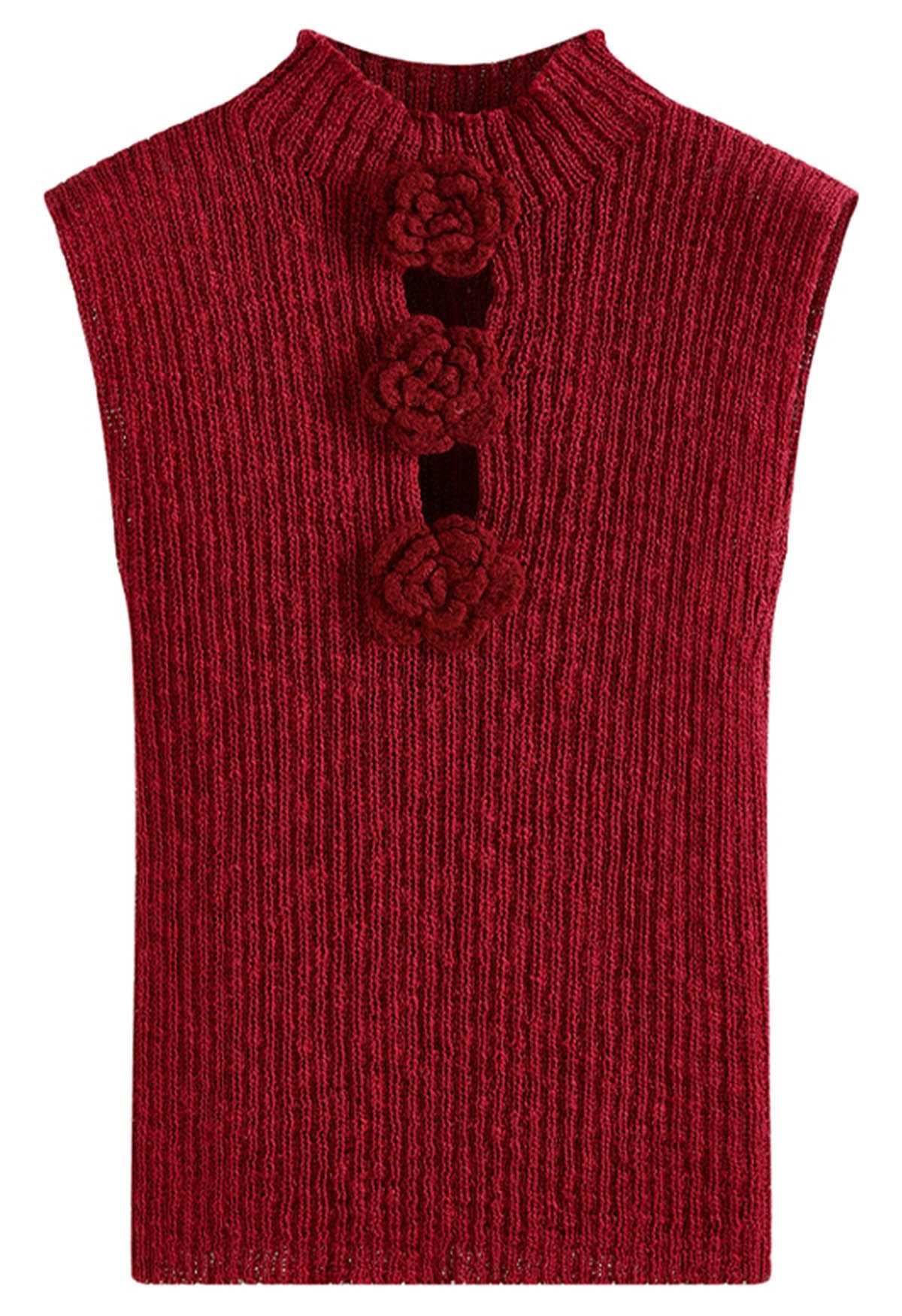 Top de punto sin mangas con flores de crochet 3D en rojo