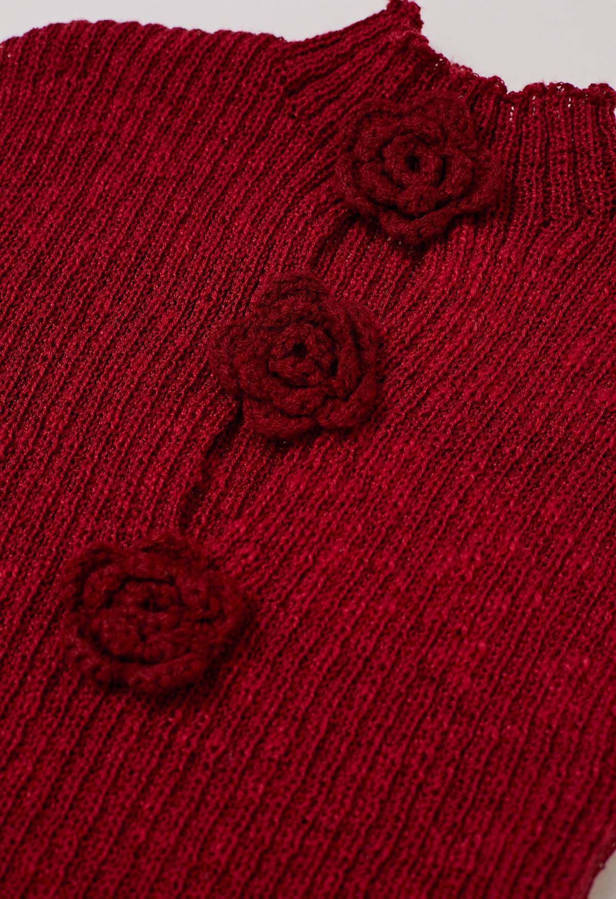 Top de punto sin mangas con flores de crochet 3D en rojo