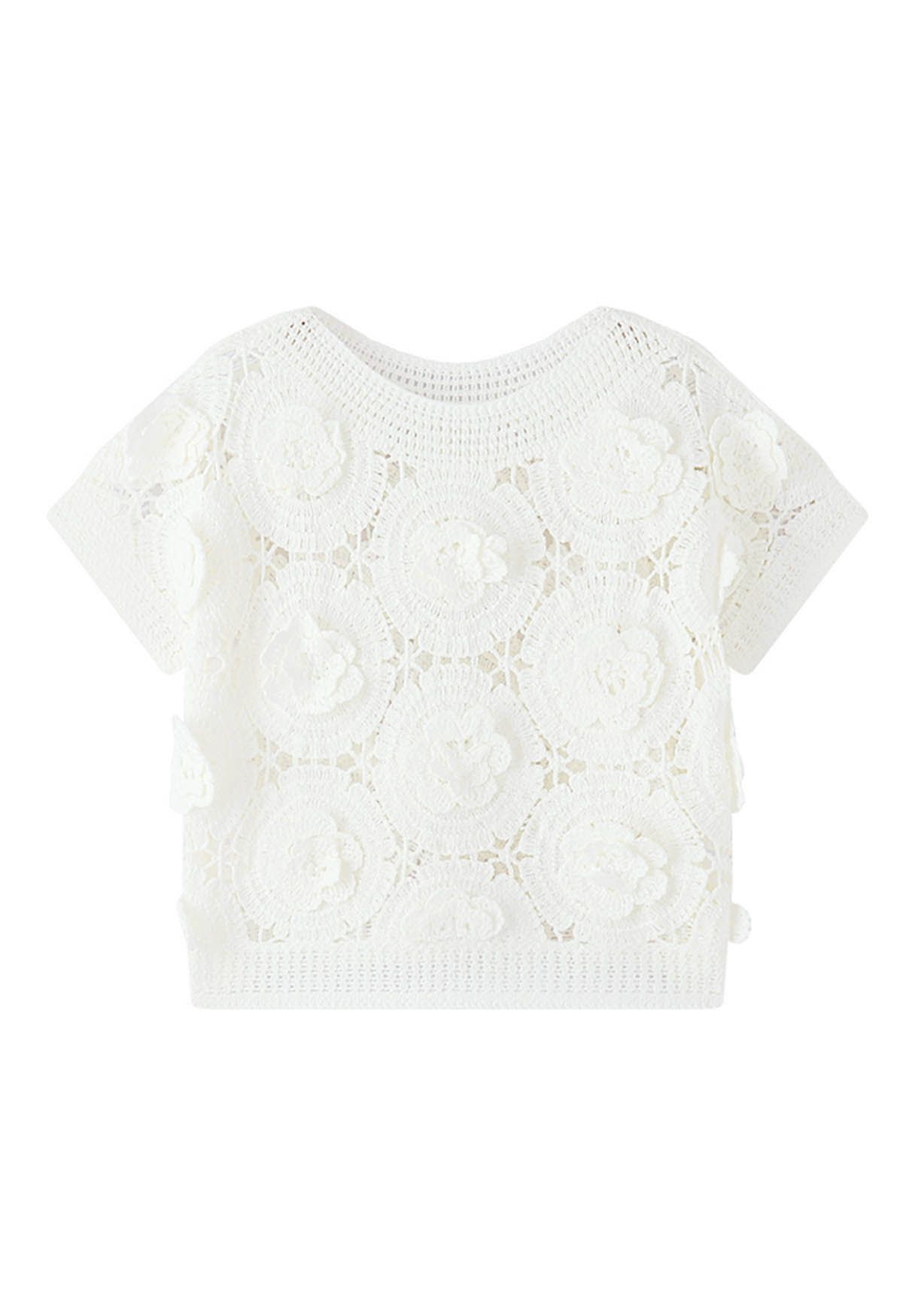 Top de punto calado con flores de crochet 3D