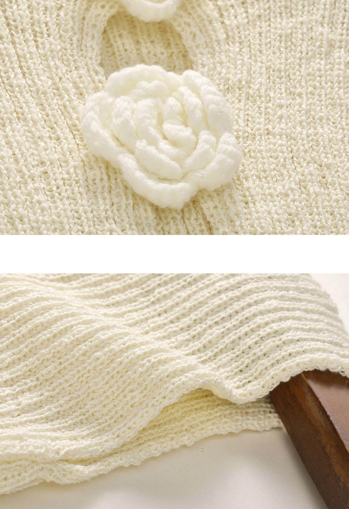 Top de punto sin mangas con flores de crochet 3D en color crema