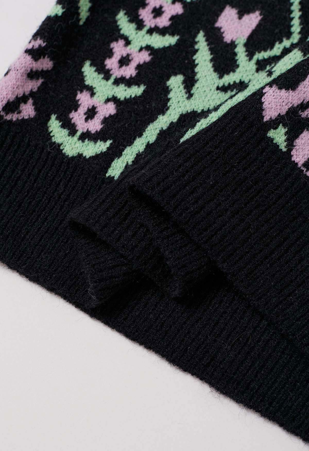 Suéter de punto jacquard con ramas florales en negro