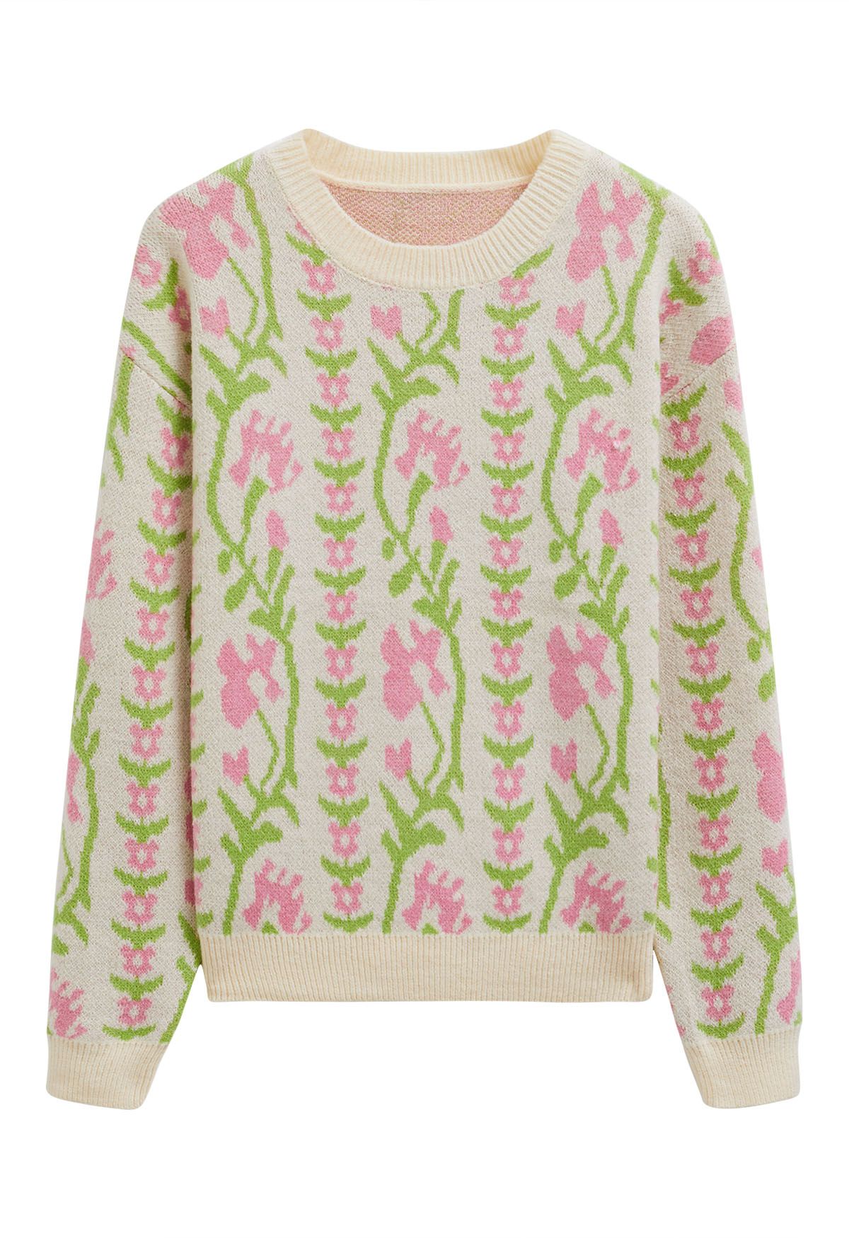 Jersey de punto jacquard con rama floral en color crema