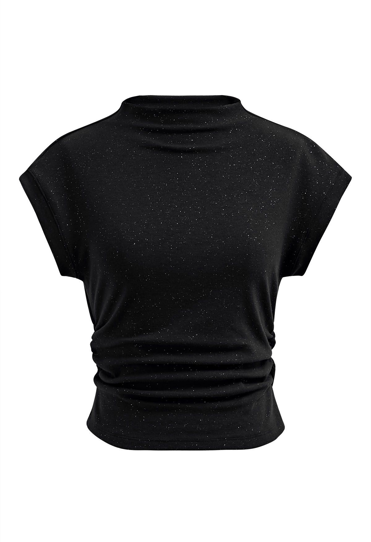 Blusa con mangas cortas y cintura fruncida brillante en color negro