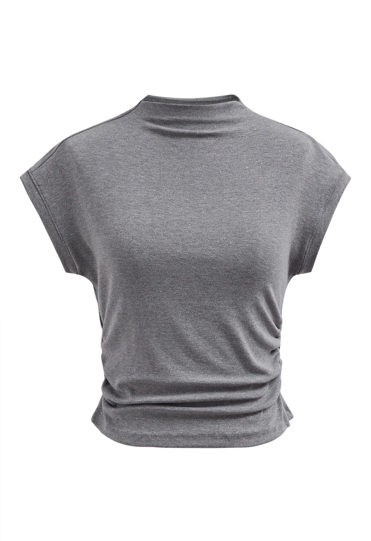 Blusa con mangas cortas y cintura fruncida brillante en gris