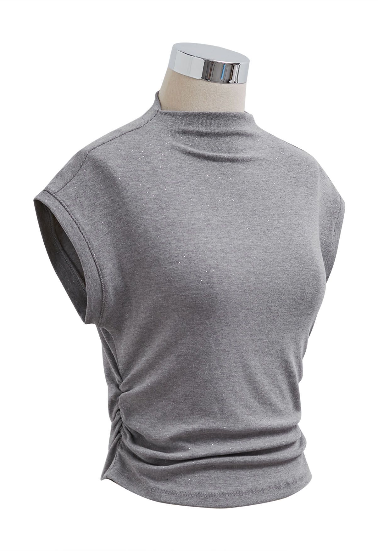 Blusa con mangas cortas y cintura fruncida brillante en gris