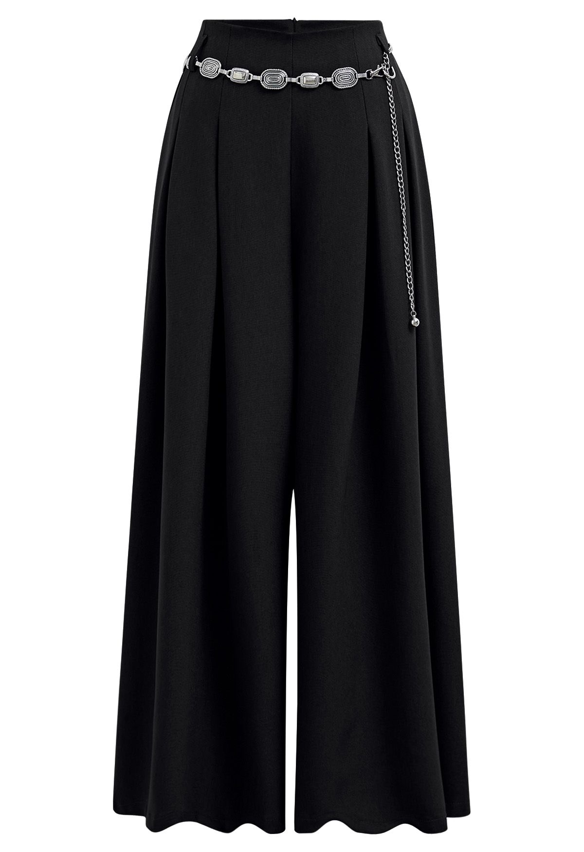 Pantalones palazzo plisados con adornos de cadena en color negro