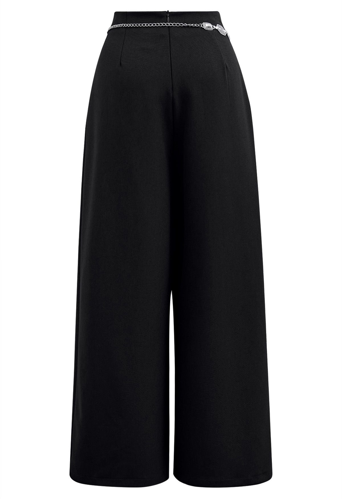 Pantalones palazzo plisados con adornos de cadena en color negro