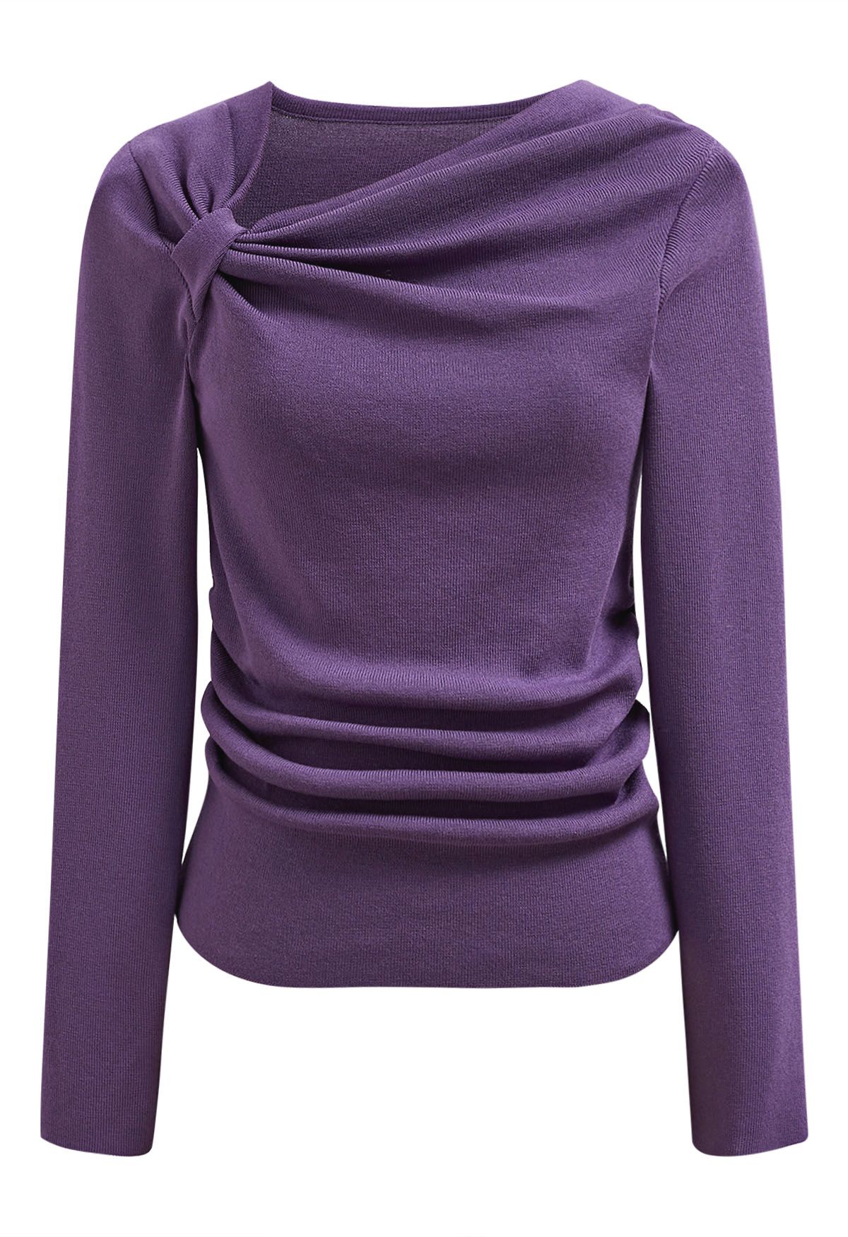 Blusa de punto con mangas largas fruncidas y nudo lateral en violeta