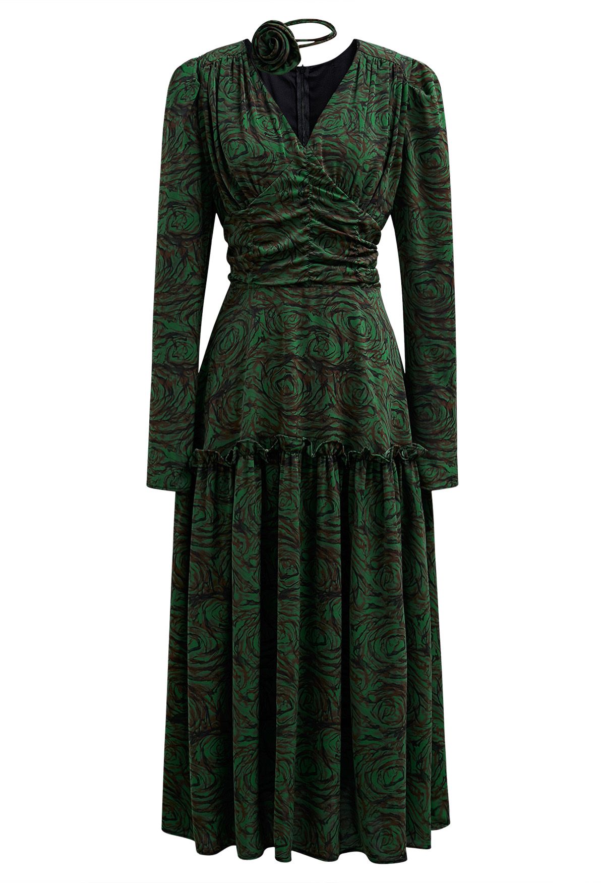 Fantástico vestido midi fruncido con escote en V y gargantilla en color verde oscuro