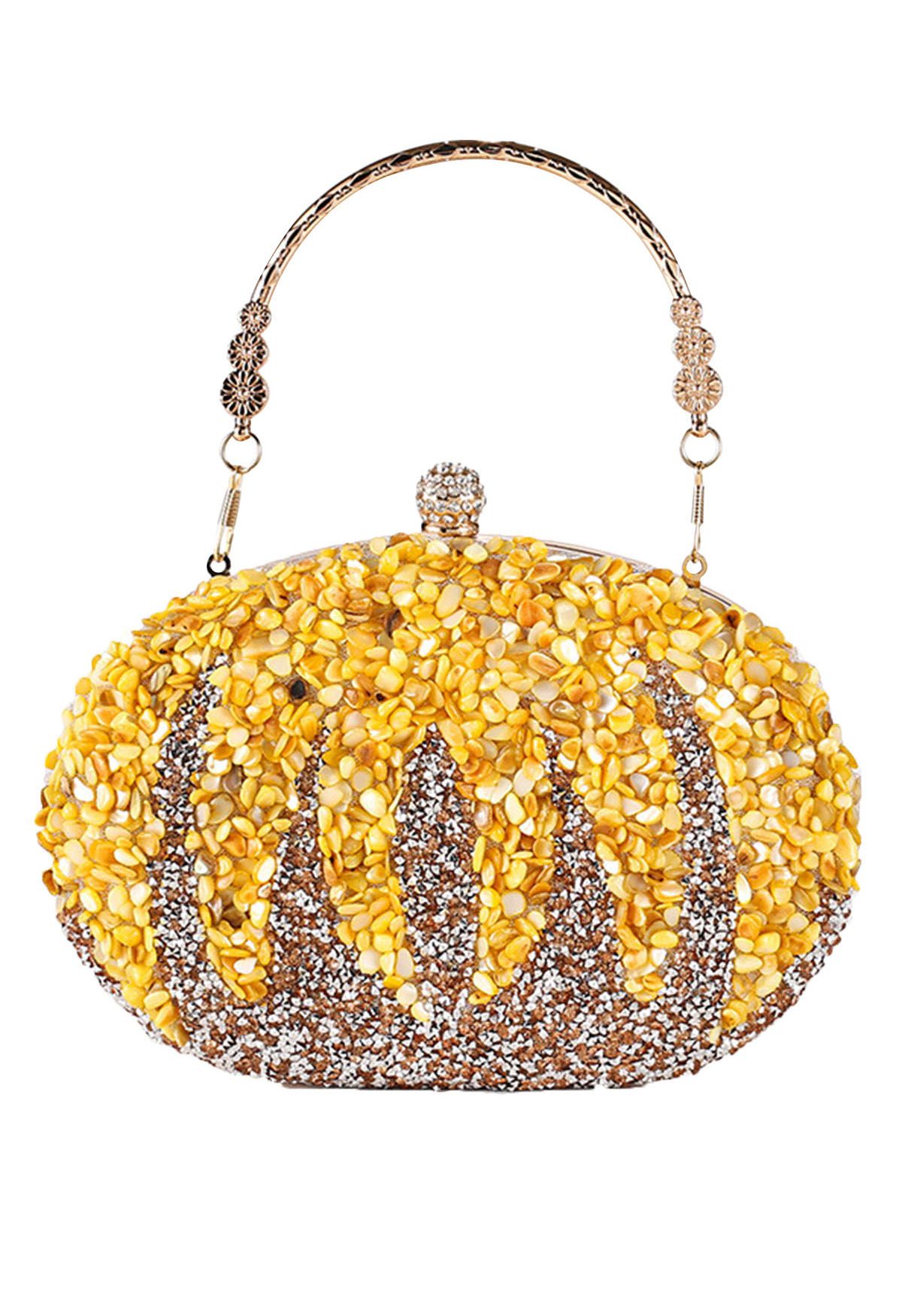 Clutch ovalado de calabaza con diamantes de imitación en amarillo