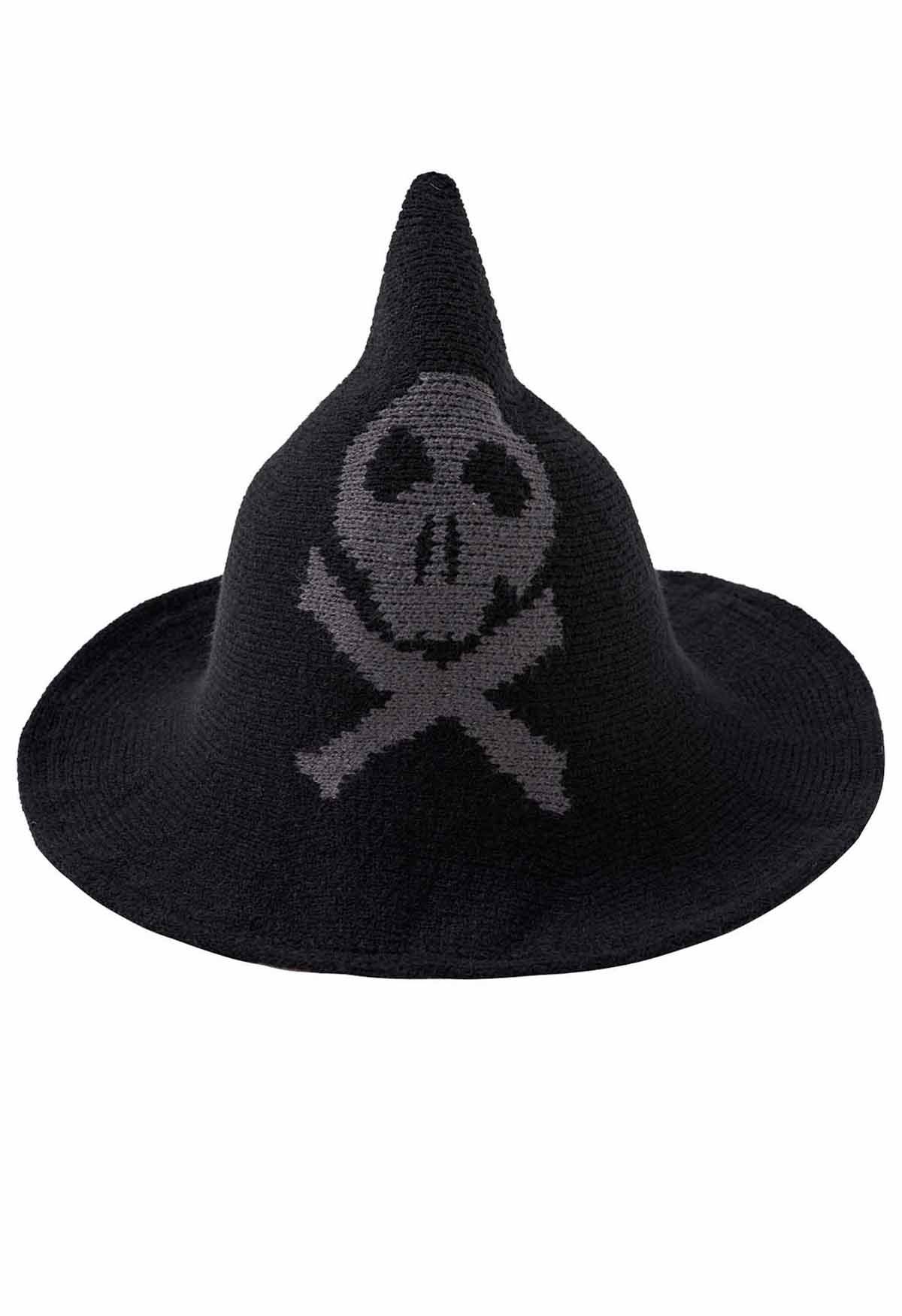 Sombrero de bruja de mezcla de lana con estampado de calavera en color negro