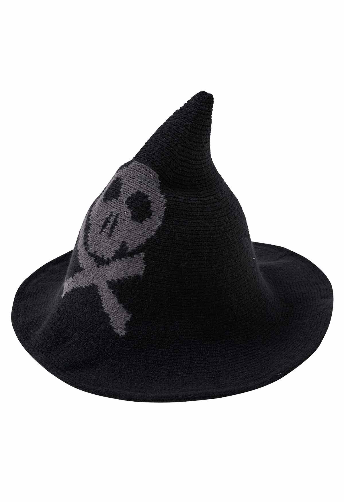 Sombrero de bruja de mezcla de lana con estampado de calavera en color negro