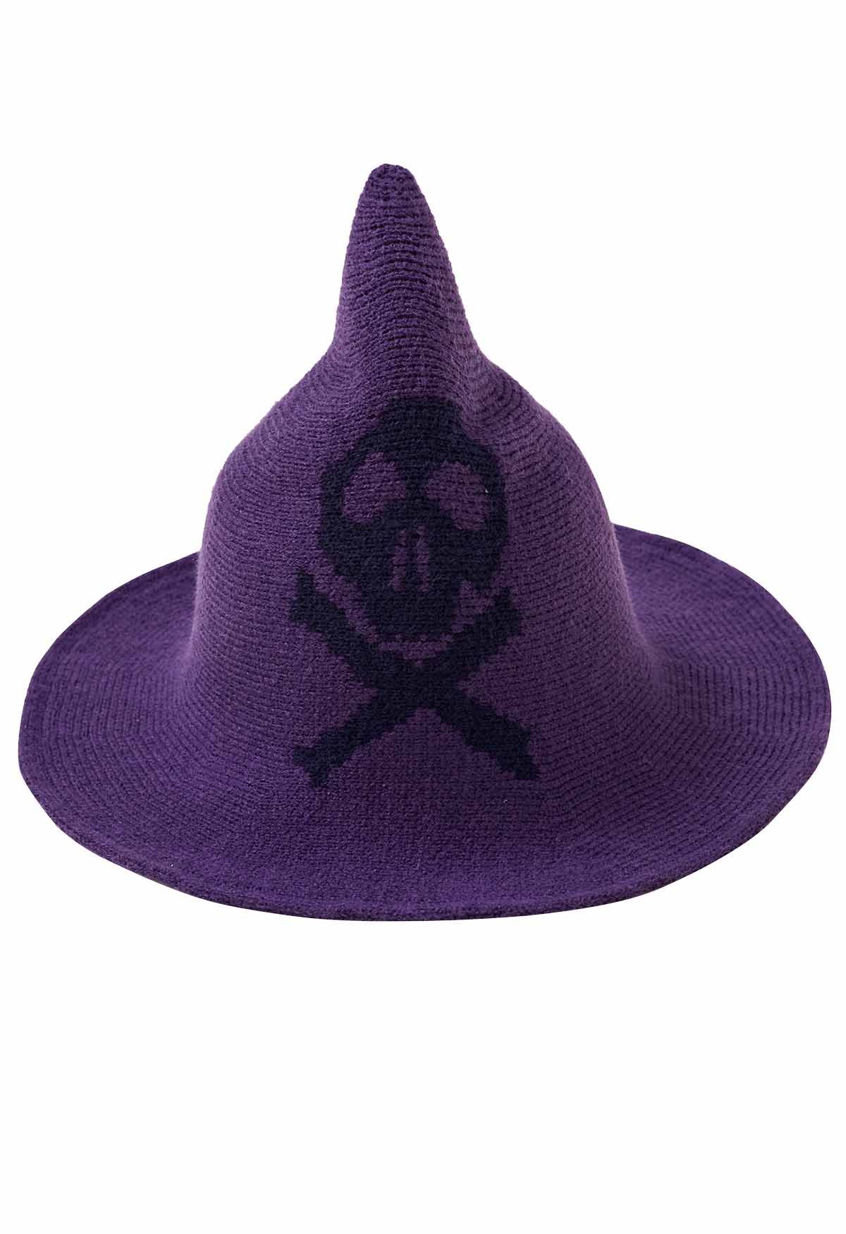 Sombrero de bruja de mezcla de lana con estampado de calavera en color morado