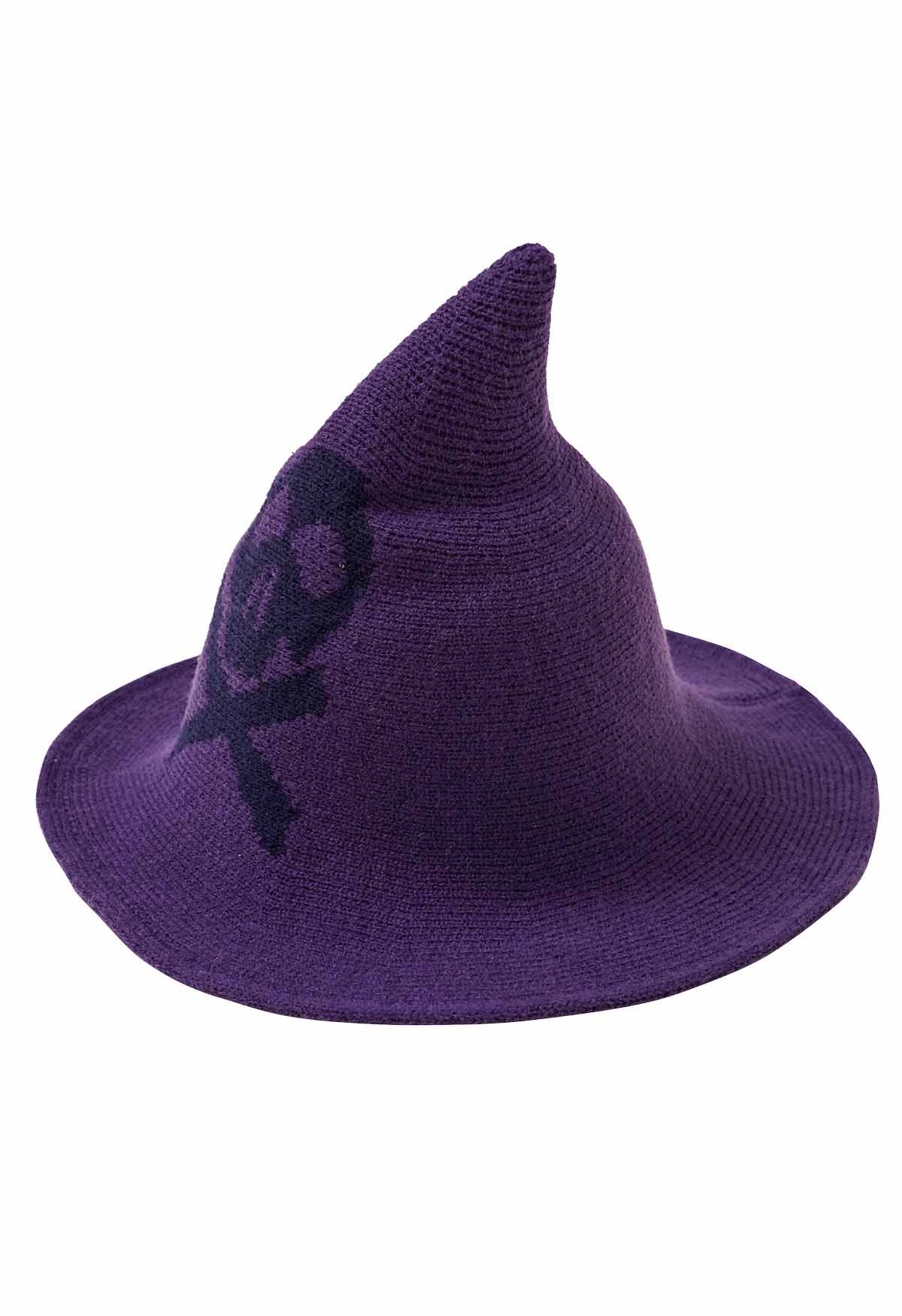 Sombrero de bruja de mezcla de lana con estampado de calavera en color morado