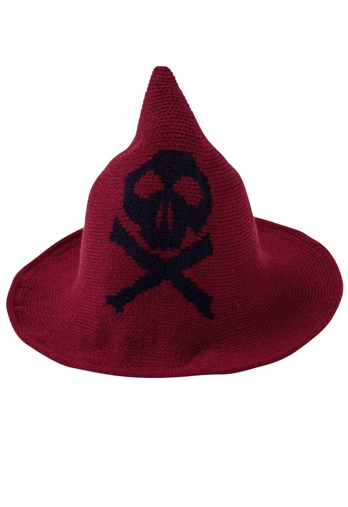 Sombrero de bruja de mezcla de lana con estampado de calavera en color rojo