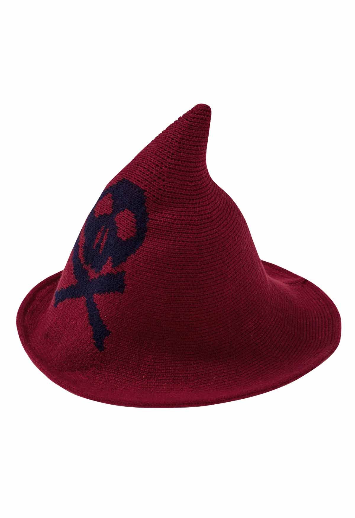 Sombrero de bruja de mezcla de lana con estampado de calavera en color rojo