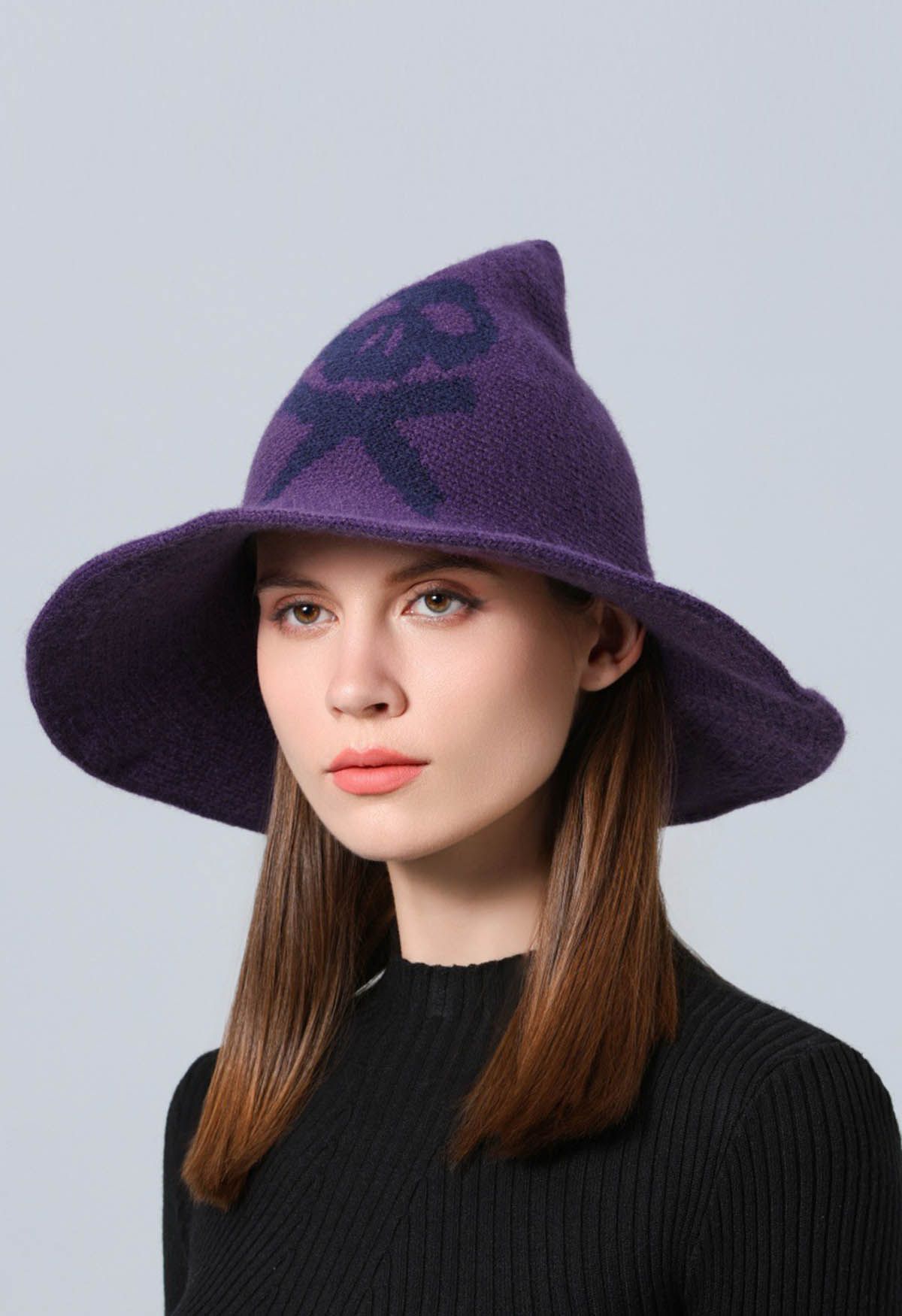 Sombrero de bruja de mezcla de lana con estampado de calavera en color morado