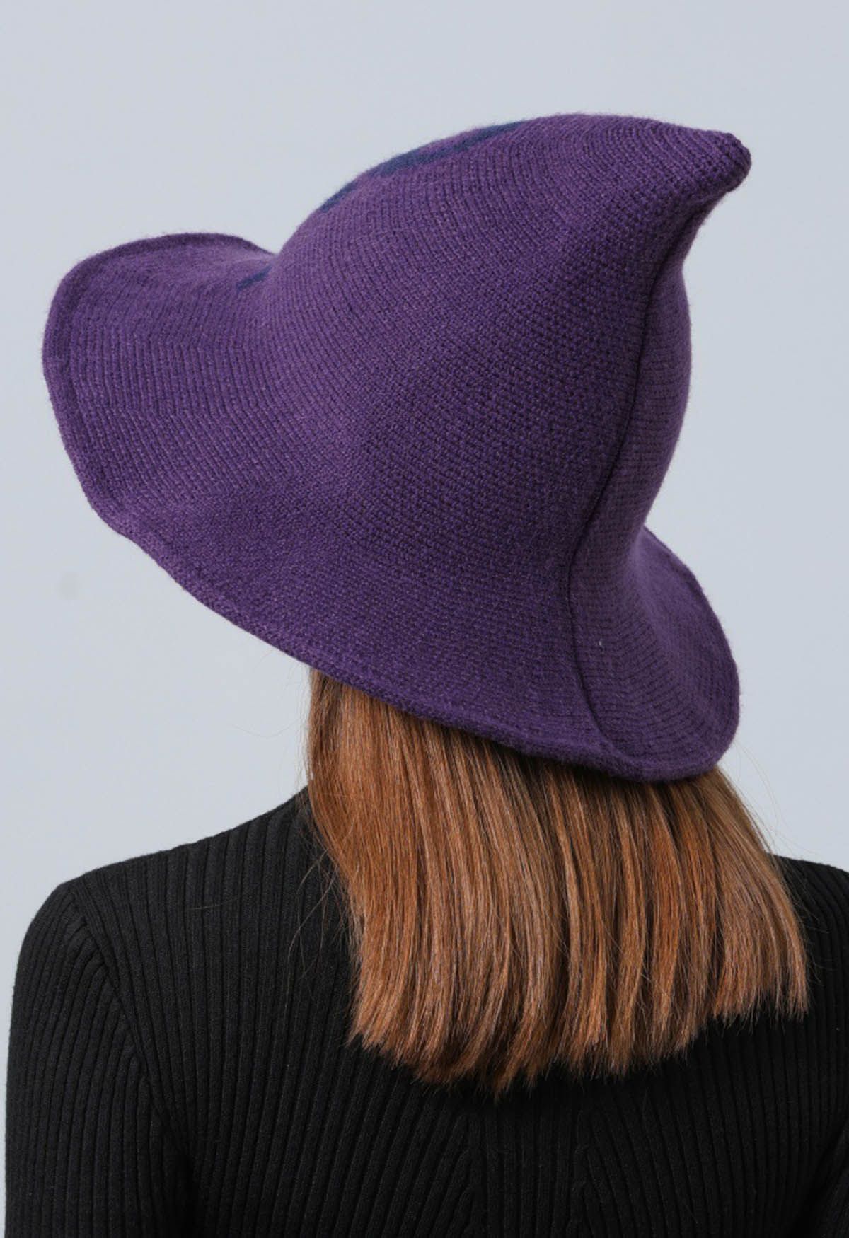 Sombrero de bruja de mezcla de lana con estampado de calavera en color morado