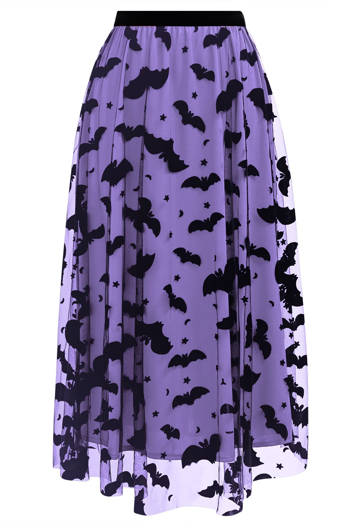 Falda midi de tul con malla y estampado de murciélagos de terciopelo en color morado