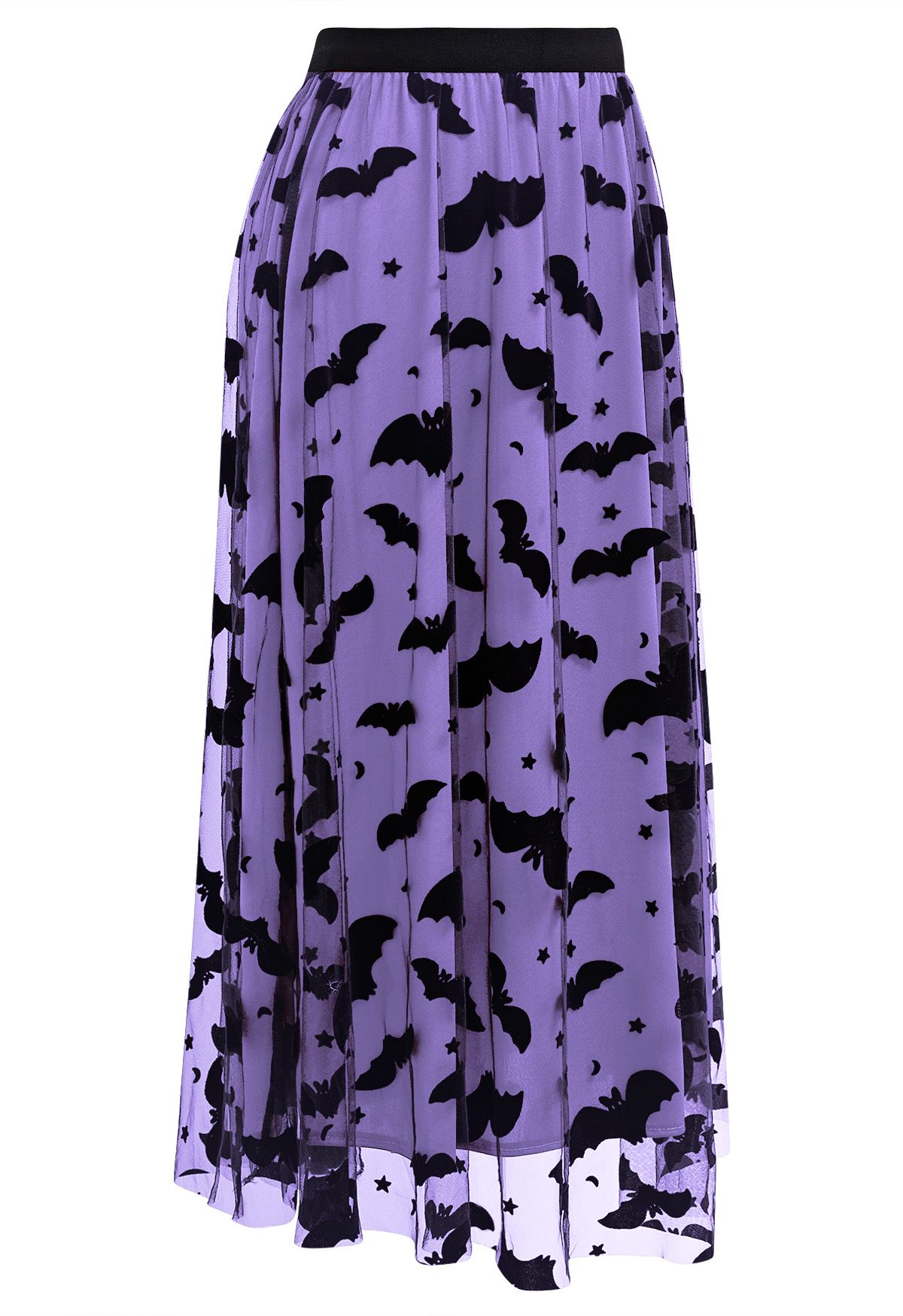 Falda midi de tul con malla y estampado de murciélagos de terciopelo en color morado