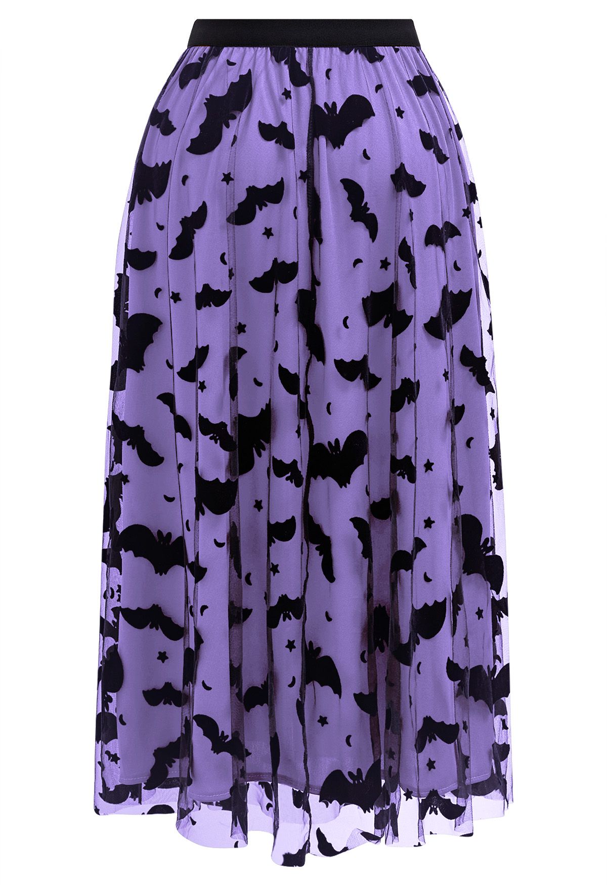 Falda midi de tul con malla y estampado de murciélagos de terciopelo en color morado