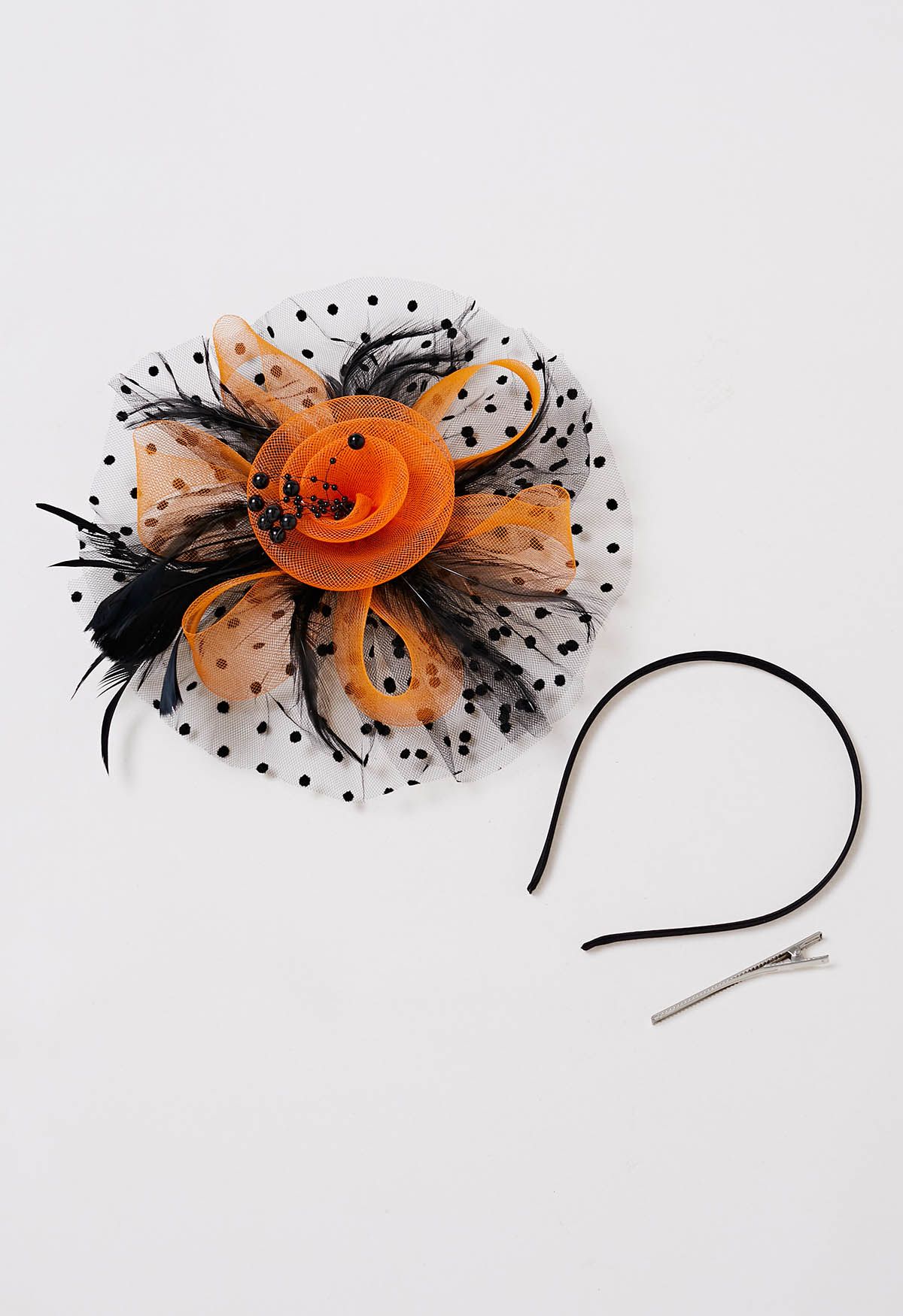 Diadema de malla con lunares y pinza para el pelo en color naranja