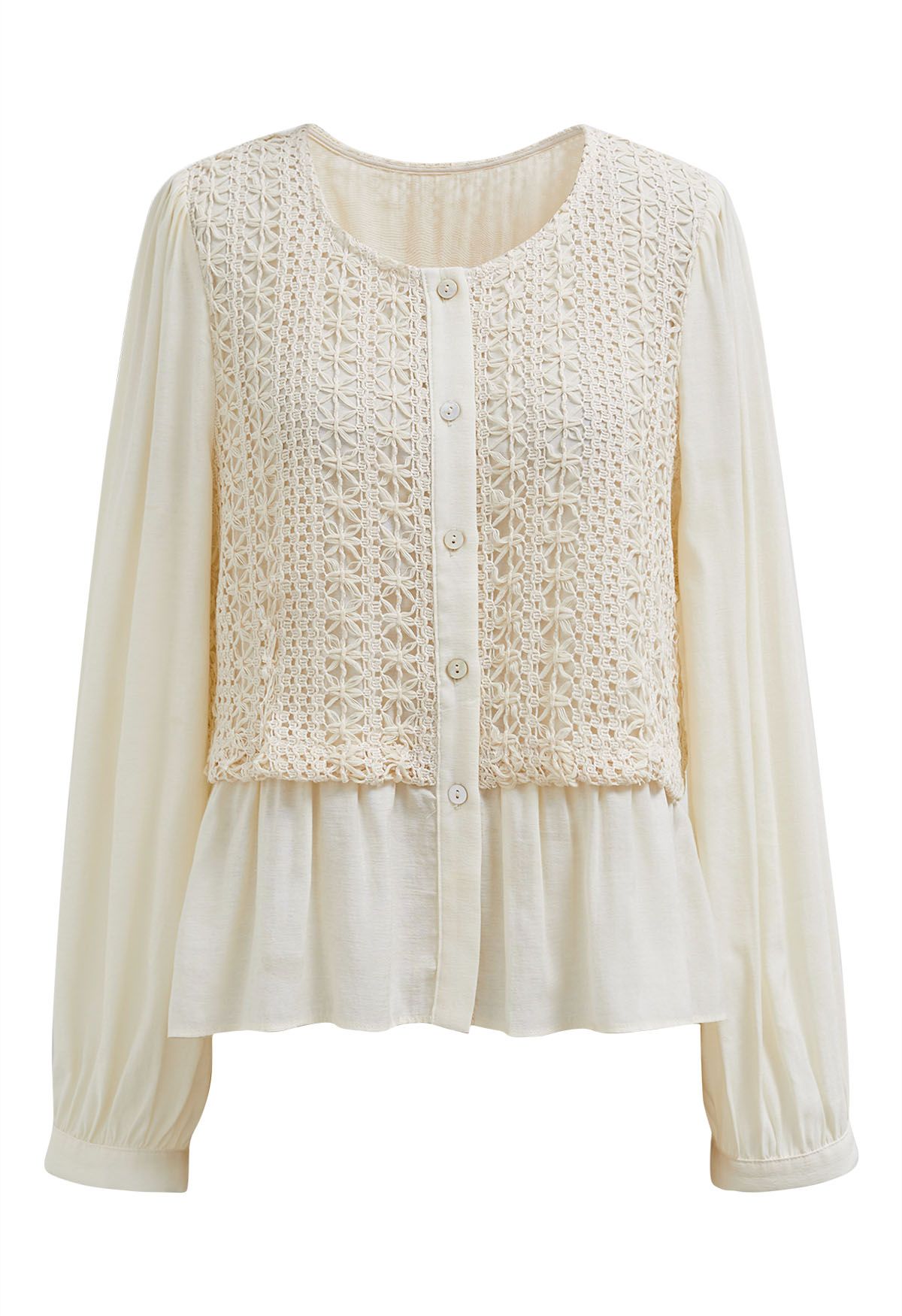 Camisa de botones con empalmes de crochet Comfy Touch