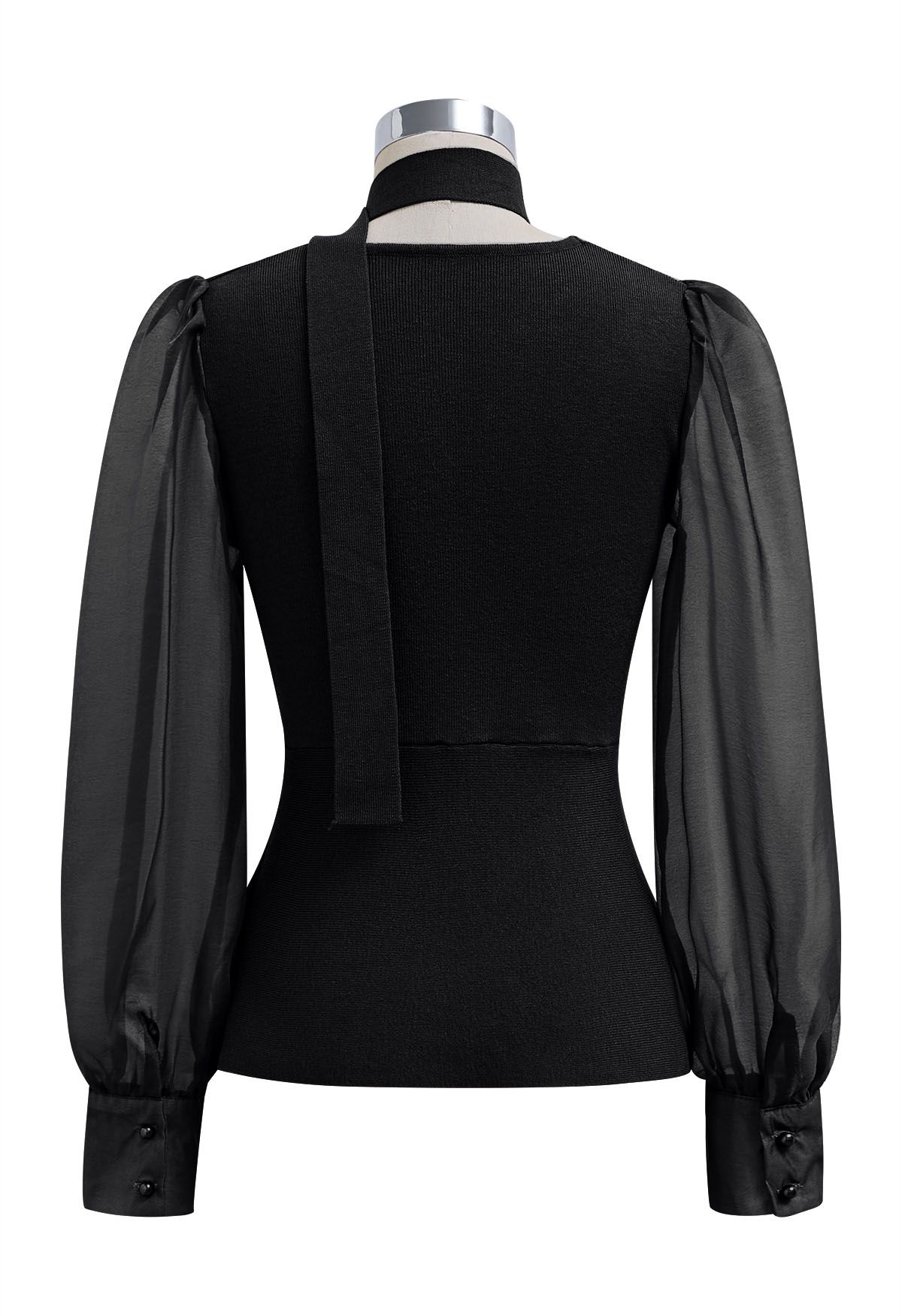 Blusa de punto con mangas transparentes y bufanda en color negro