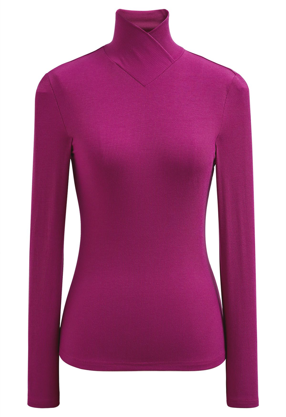 Blusa de manga larga con cuello alto y efecto cruzado en color magenta