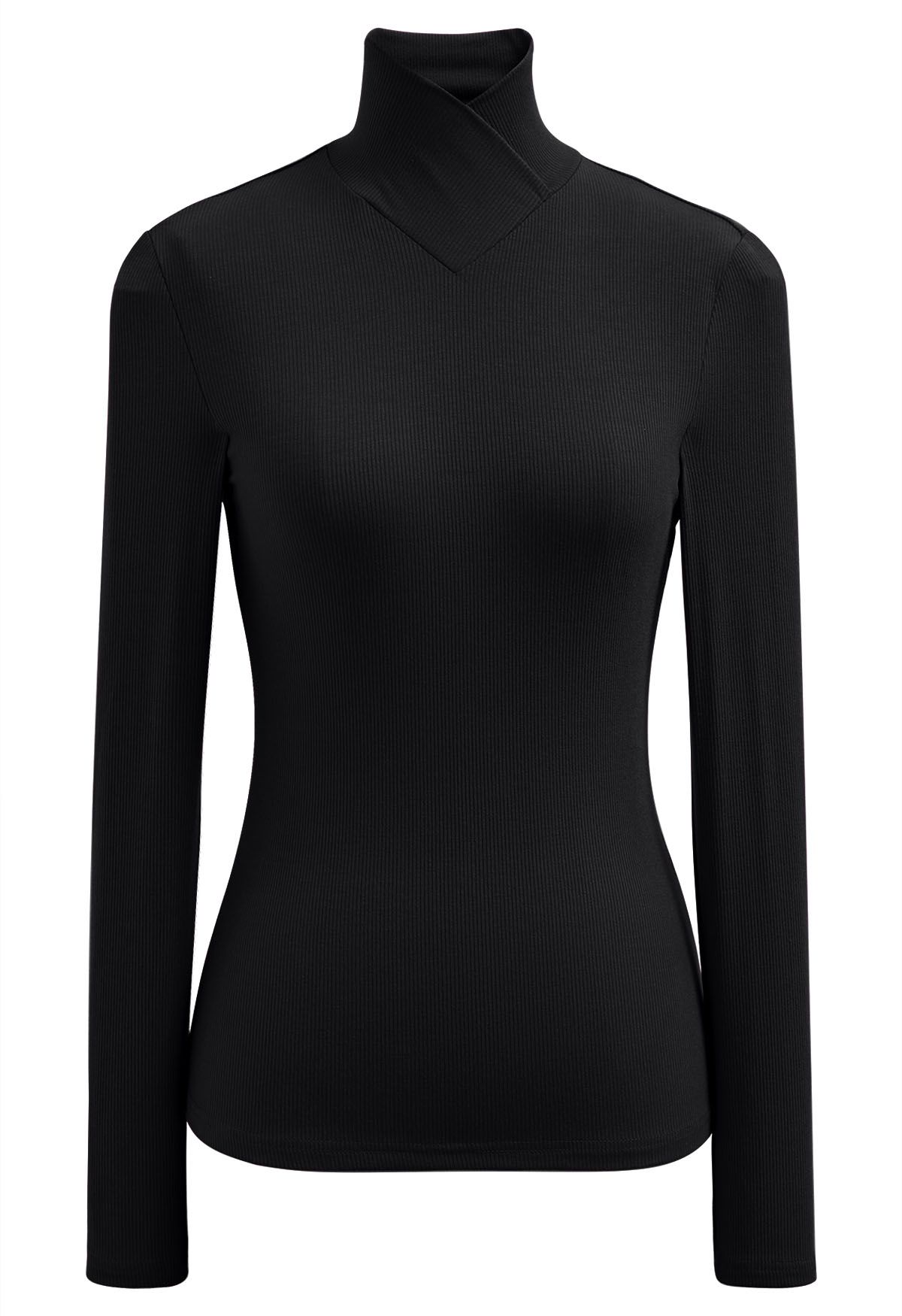 Blusa de manga larga con cuello alto y efecto cruzado en color negro