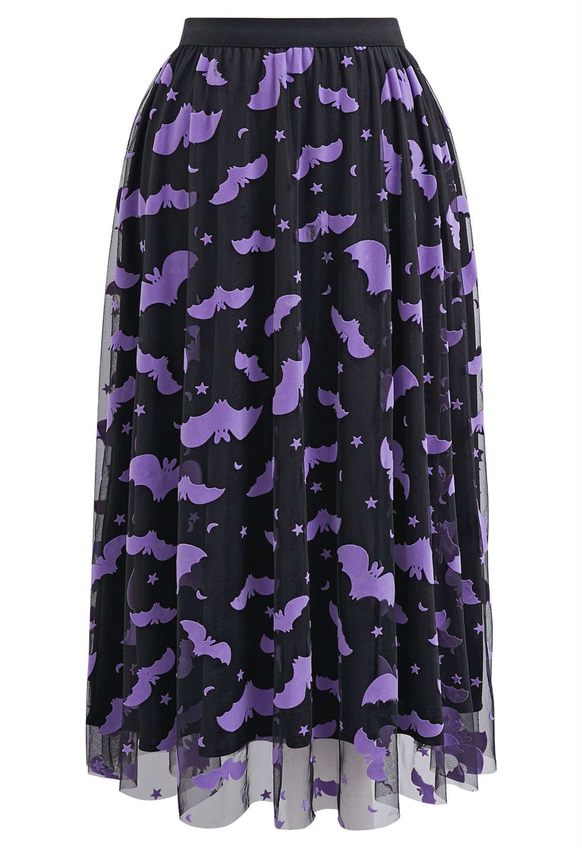 Falda midi de tul con malla y estampado de murciélagos de terciopelo en color negro