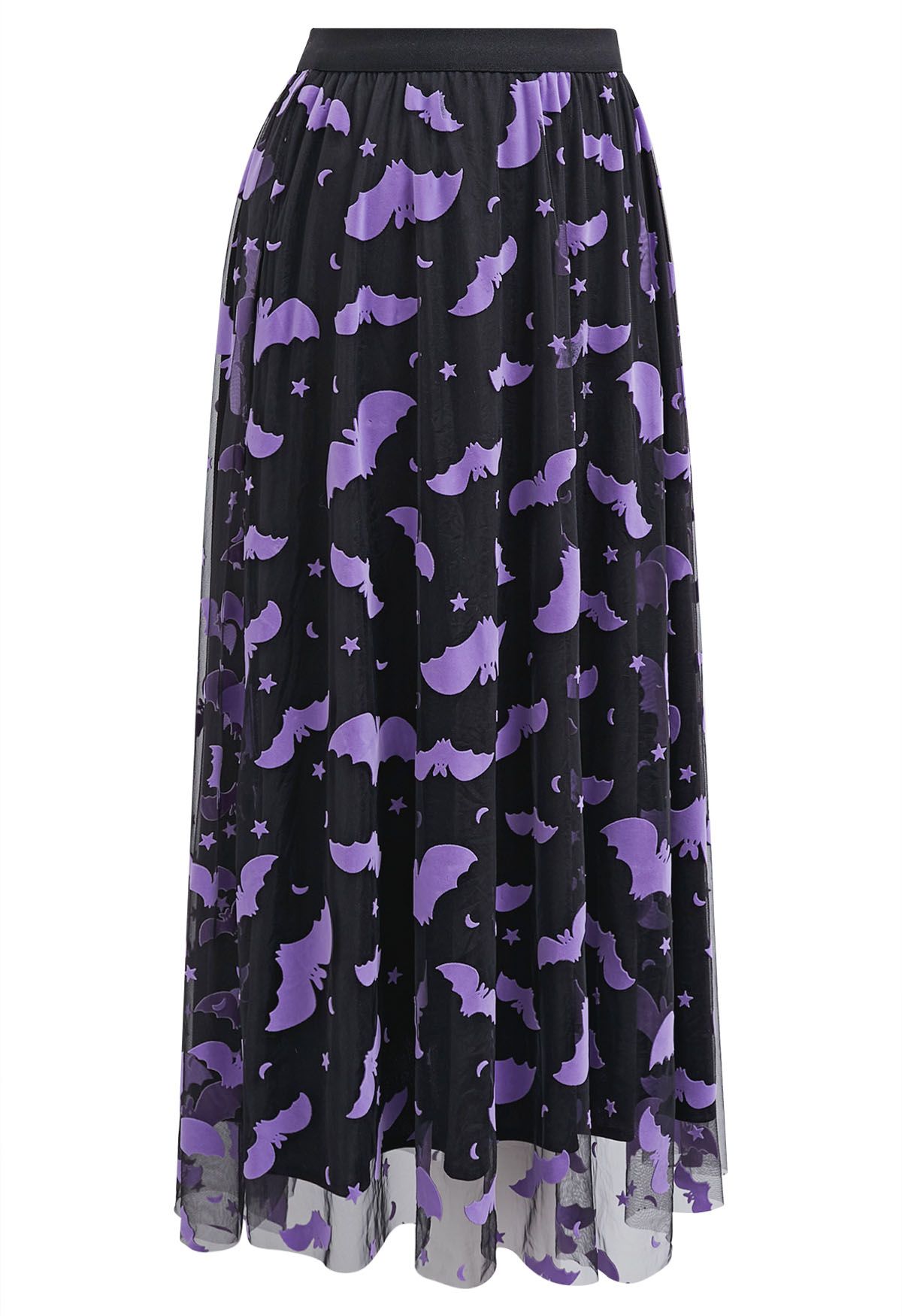 Falda midi de tul con malla y estampado de murciélagos de terciopelo en color negro