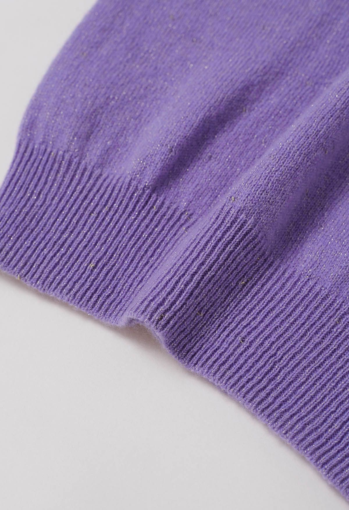 Suéter de cuello alto de lana con hilo metálico integral en color morado