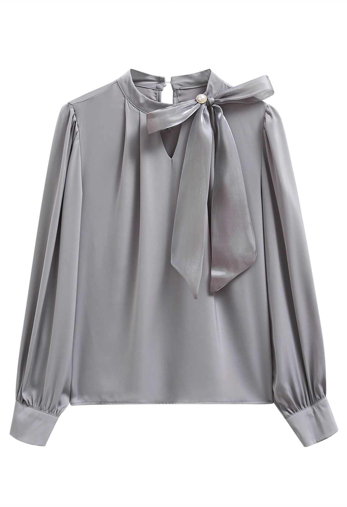 Top de satén con lazo de organza perlada en gris